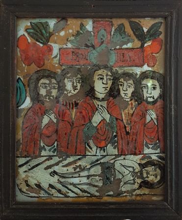 Lamentation over dead Christ - Reverse painting on glass.