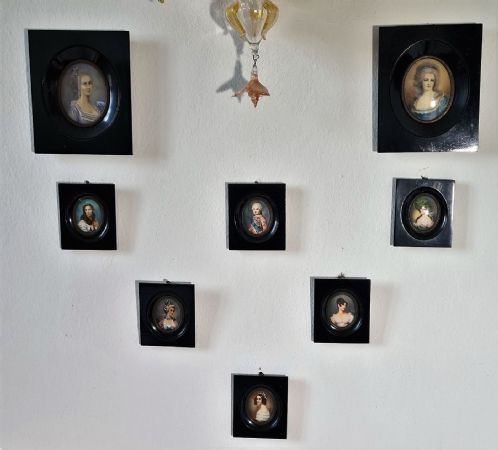 Group of seven miniature oil paintings on ivorine.