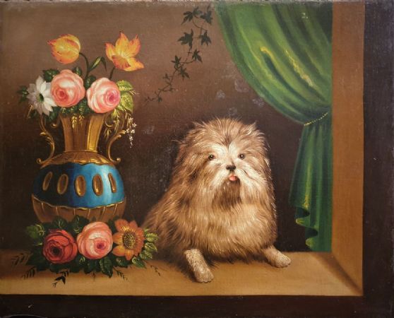 "Vase of flowers with dog" Oil painting on Biedermaier period canvas Measures 65 x 80 cm
    